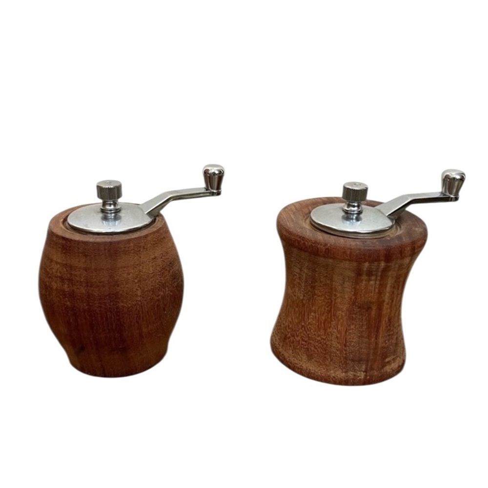 Vintage MCM Handmade Wooden Crank Top Salt Pepper Grinder Set
